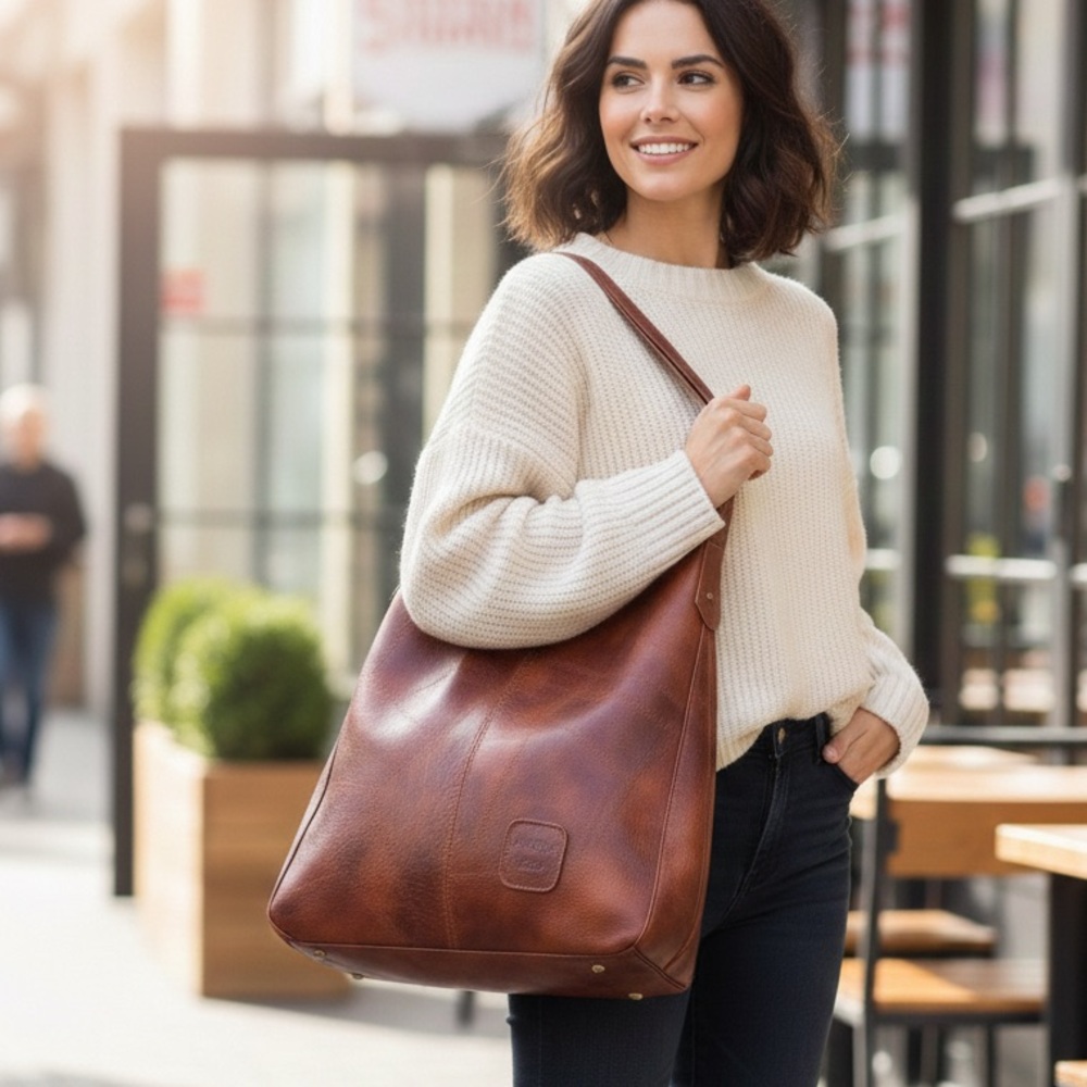 Jingpin 3-Pocket Oversized Tote – Rustic Cognac Vegan Leather